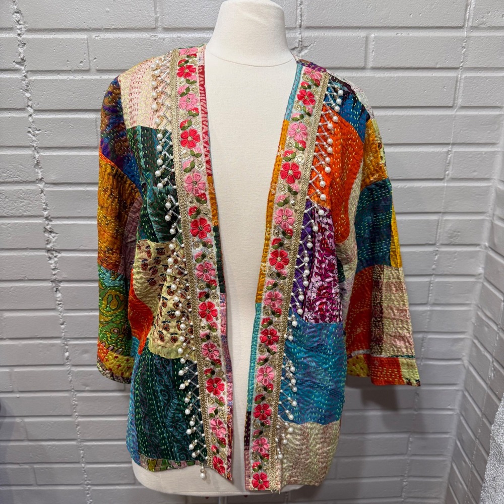 Aratta Silent Journey Silk Kantha Patchwork Embroidered Kimono Jacket OS Artisan